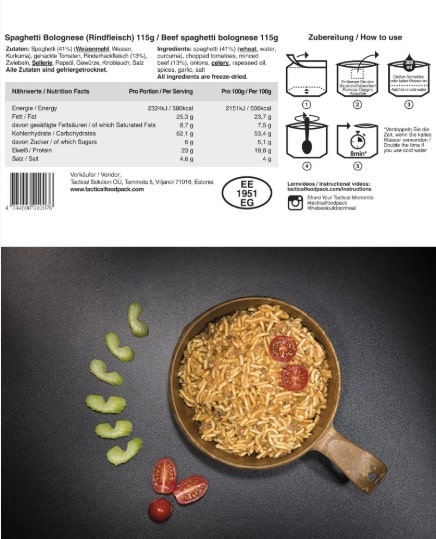 Tactical Foodpack Spaghetti Bolognese – gefriergetrocknet, 8 J. MHD
