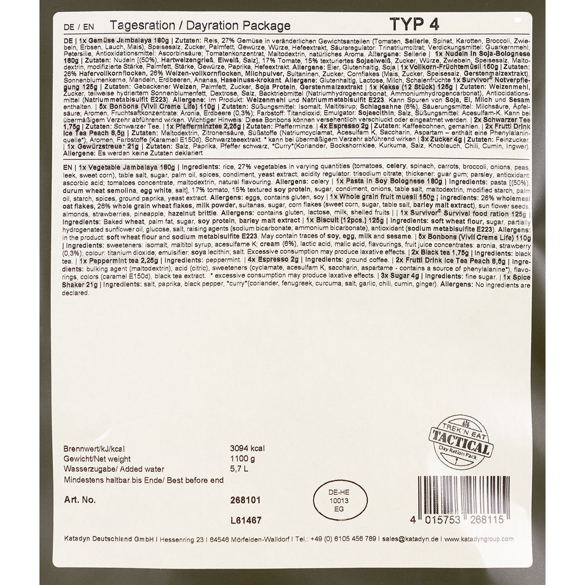 Trek 'n Eat Tagesration Typ IV – vegetarisch, 3094 kcal