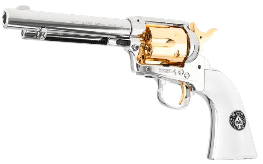 Colt SAA .45 - 5.5" Smoke Wagon 4,5 mm (.177) Diabolo, CO₂, < 3,0 J, Polished Chrome-Finish/Gold