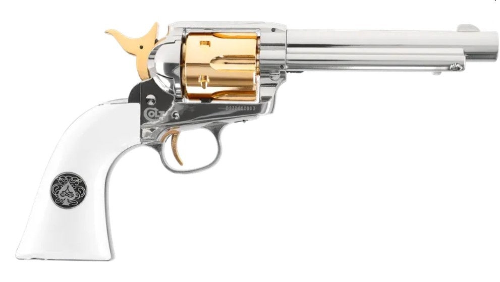 Colt SAA .45 - 5.5" Smoke Wagon 4,5 mm (.177) Diabolo, CO₂, < 3,0 J, Polished Chrome-Finish/Gold